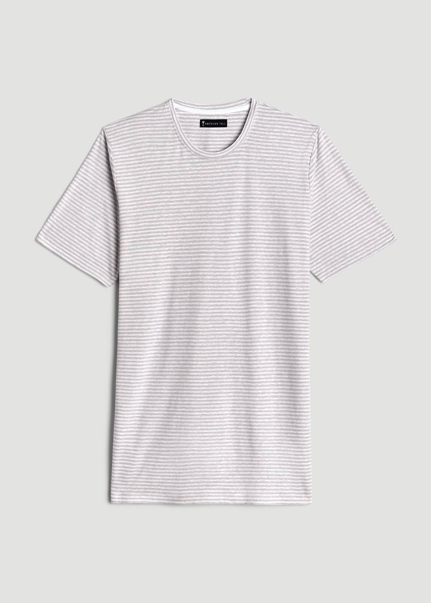 American Tall Men Linen Crewneck T-Shirt for Tall Men in Grey and White Mini Stripe