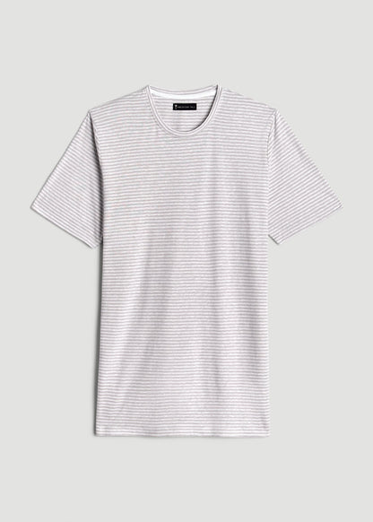 American Tall Men Linen Crewneck T-Shirt for Tall Men in Grey and White Mini Stripe