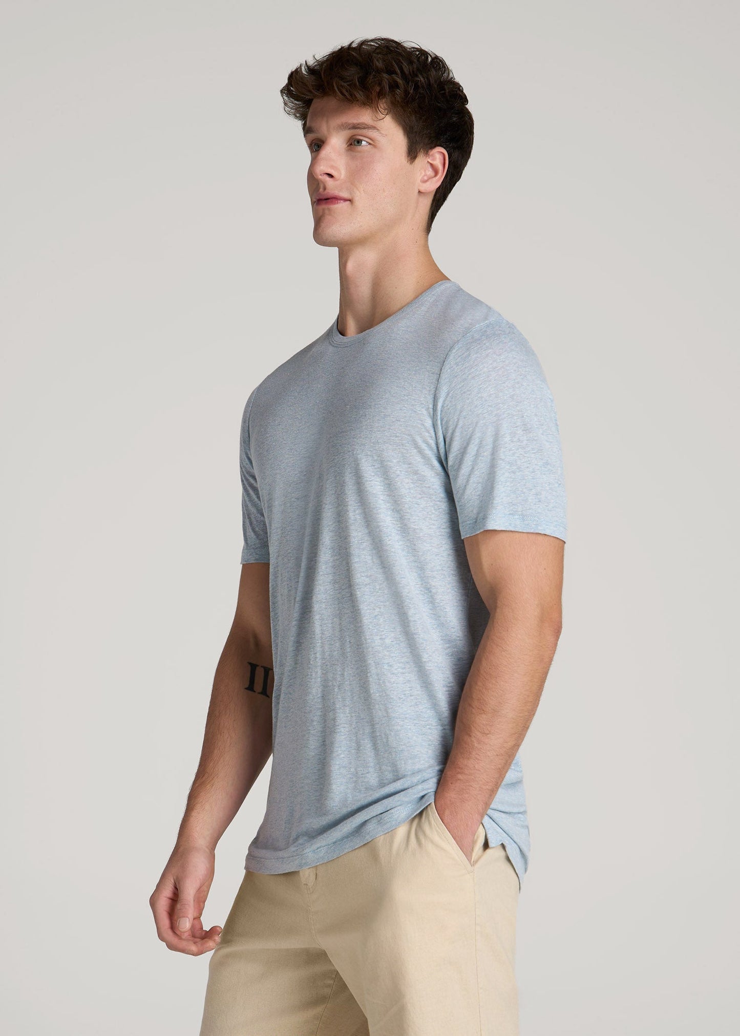 American Tall Men Linen Crewneck T-Shirt for Tall Men in Sky Blue Mix