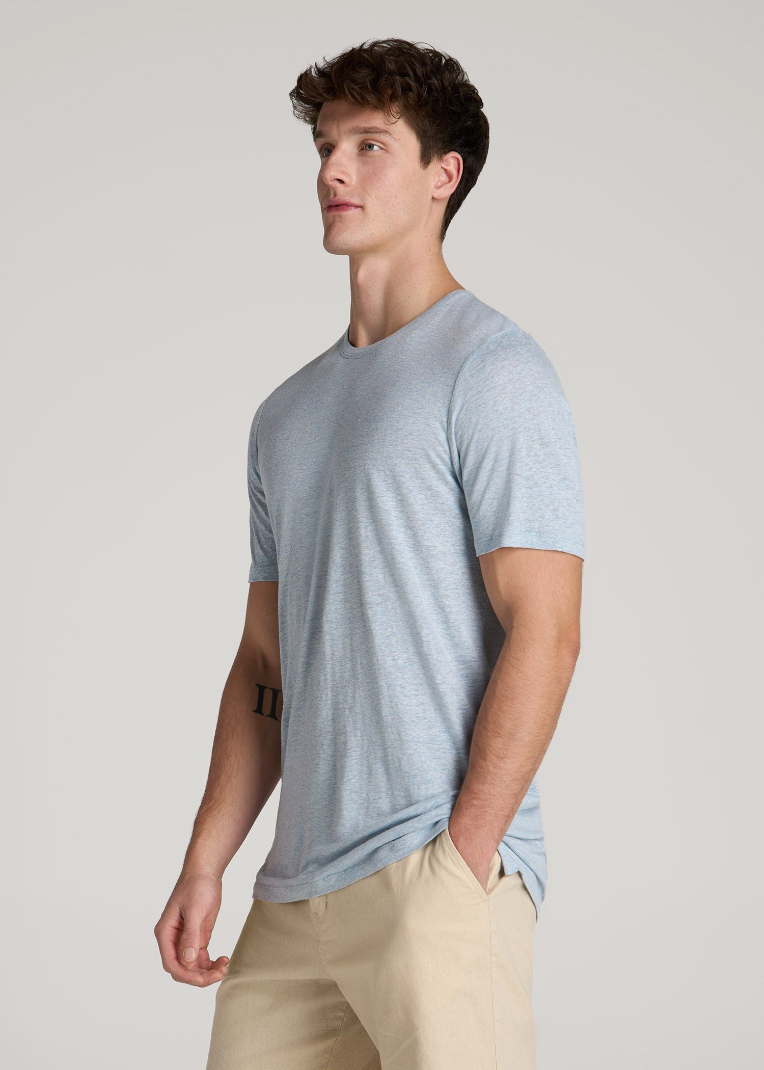 American Tall Men Linen Crewneck T-Shirt for Tall Men in Sky Blue Mix