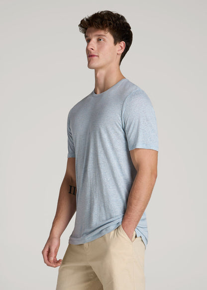 American Tall Men Linen Crewneck T-Shirt for Tall Men in Sky Blue Mix