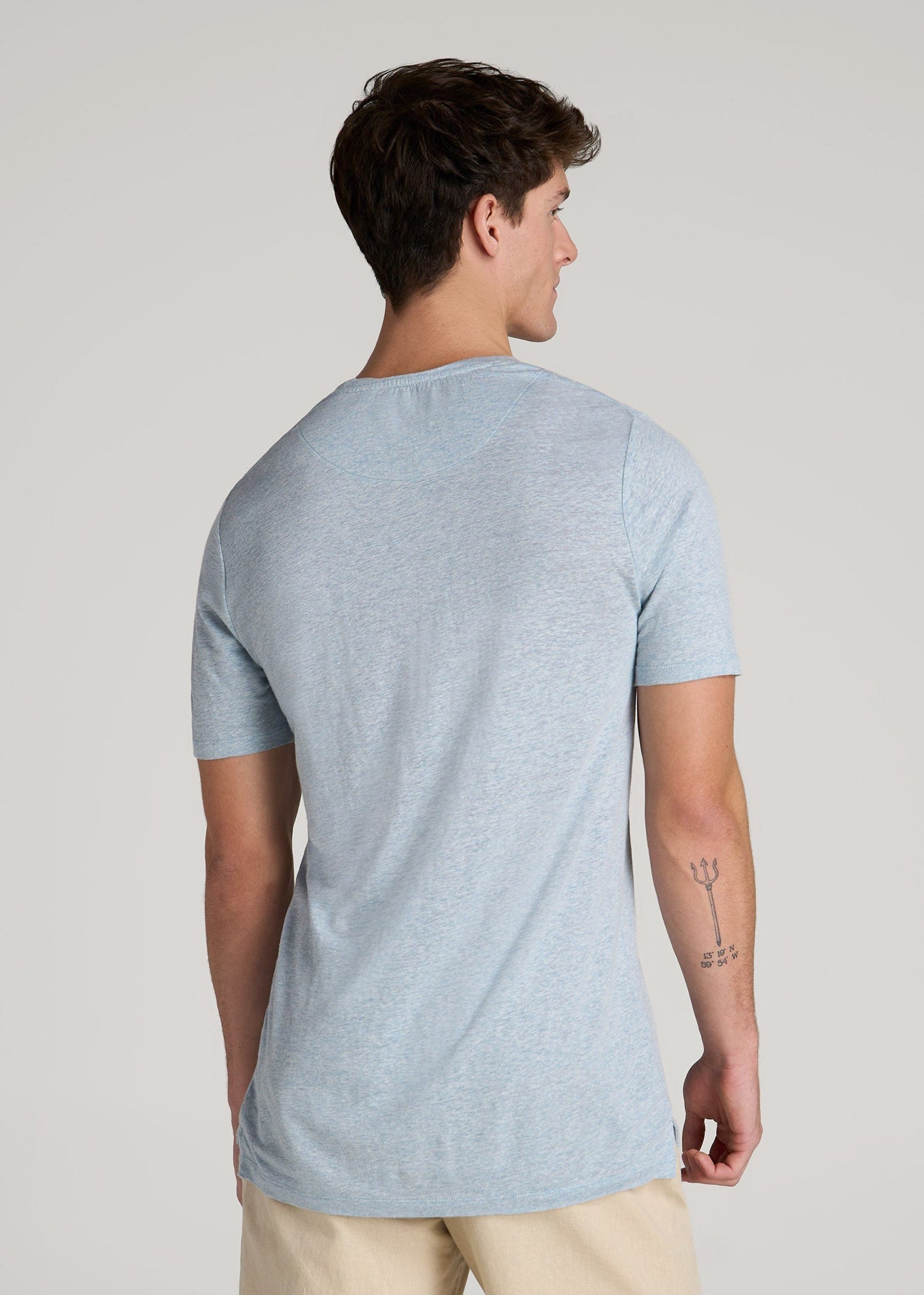 American Tall Men Linen Crewneck T-Shirt for Tall Men in Sky Blue Mix