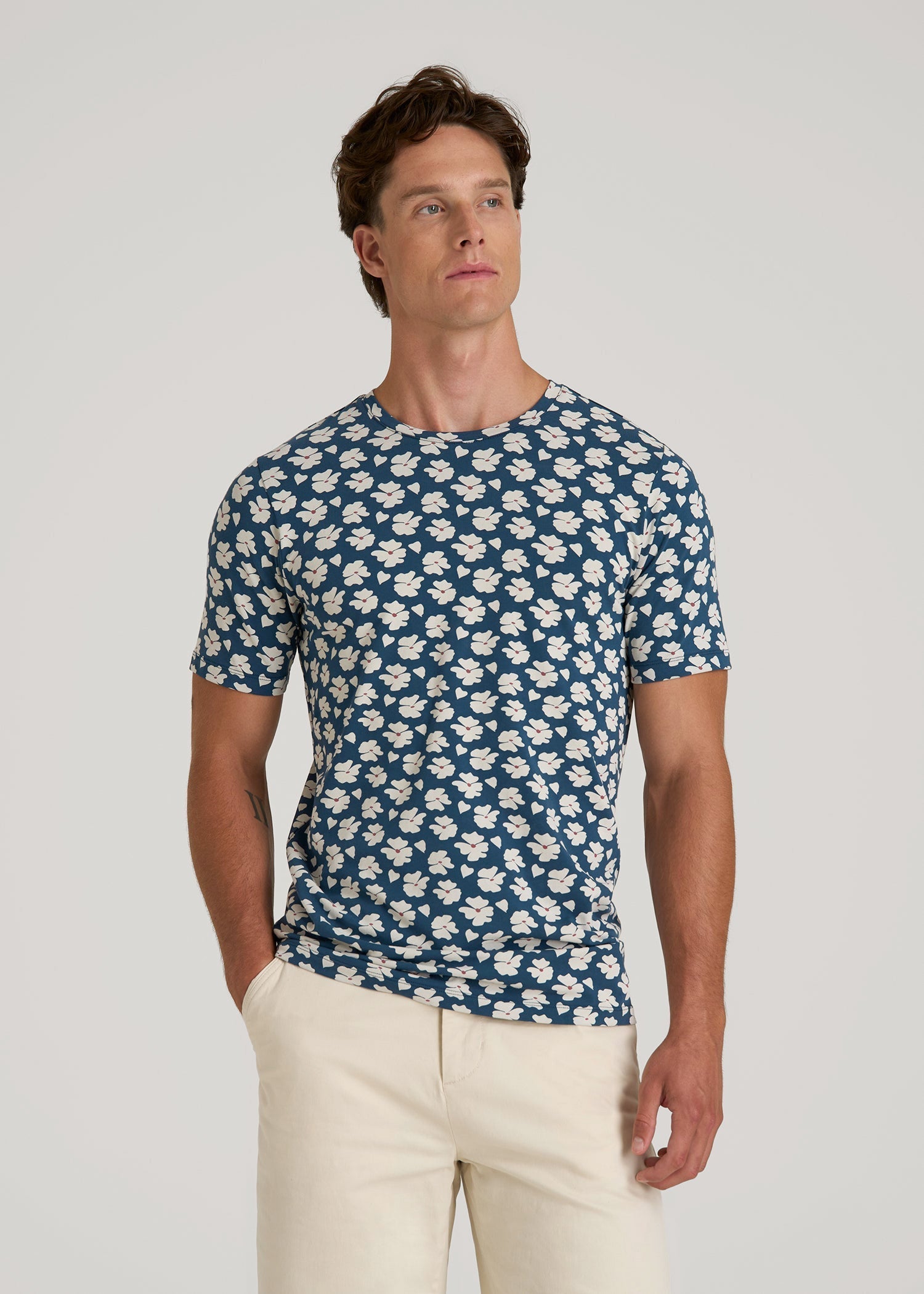 American Tall Men Stretch Pima Cotton Printed Tee for Tall Men in Bright Blue Floral
