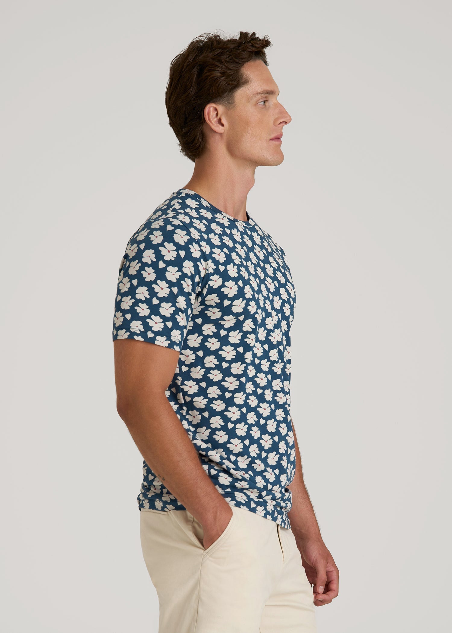 American Tall Men Stretch Pima Cotton Printed Tee for Tall Men in Bright Blue Floral