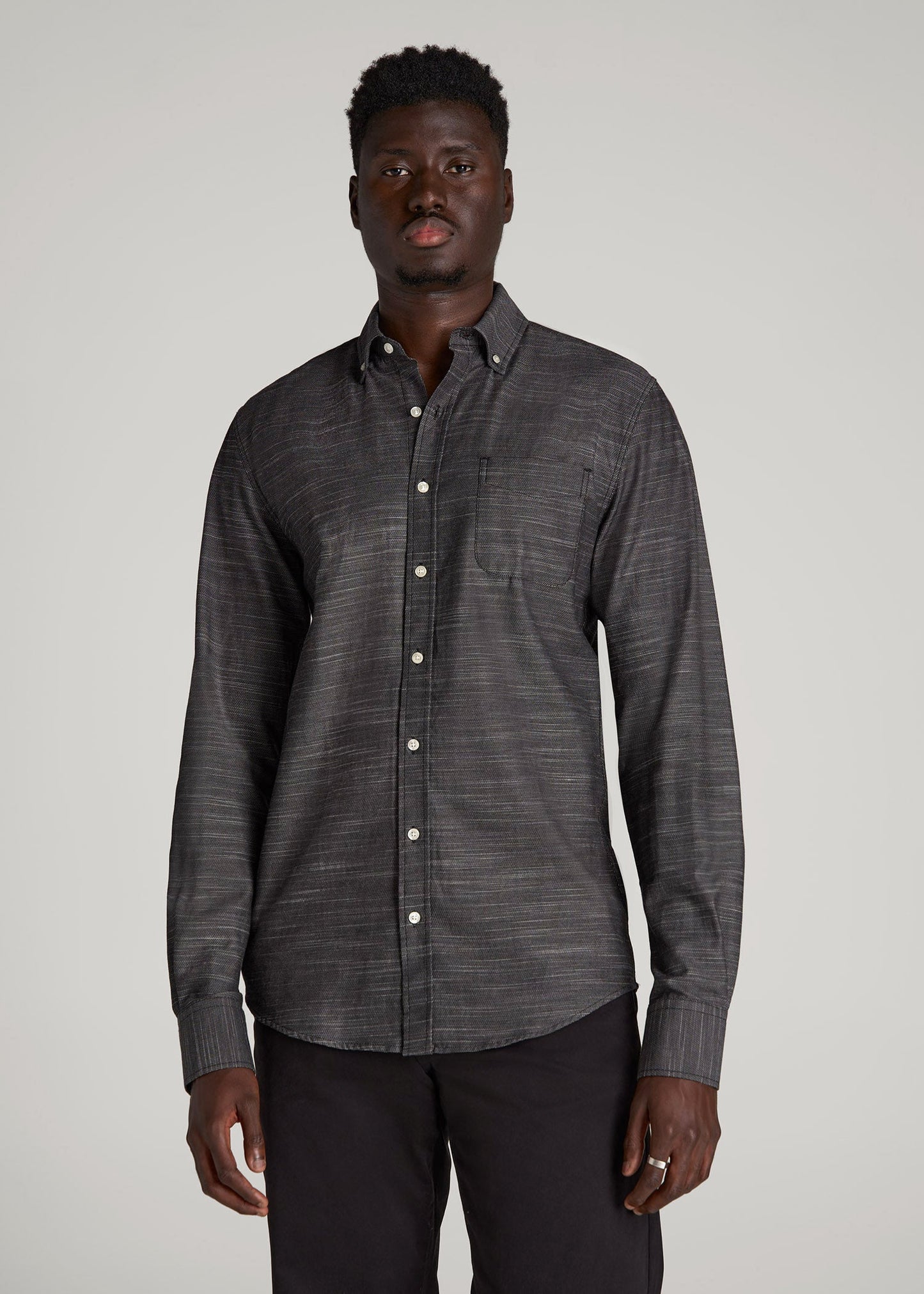American Tall Men Textured Weave Cotton Button-Up Shirt for Tall Men in Black