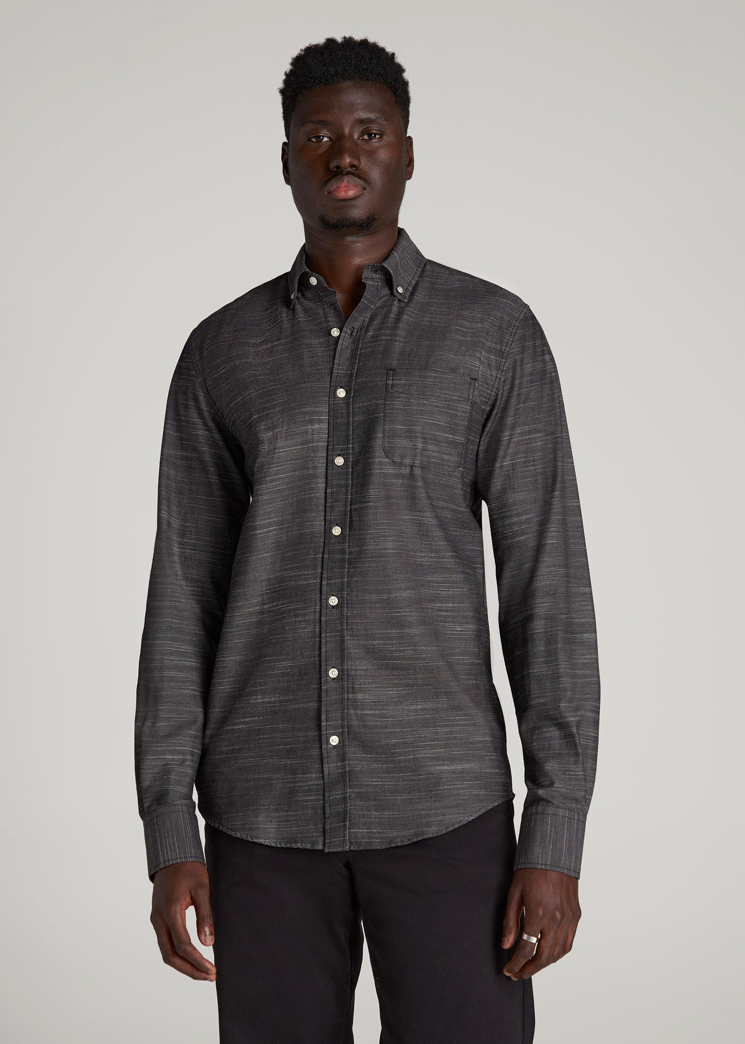 American Tall Men Textured Weave Cotton Button-Up Shirt for Tall Men in Black