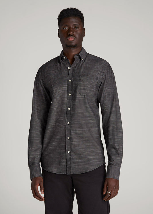 American Tall Men Textured Weave Cotton Button-Up Shirt for Tall Men in Black