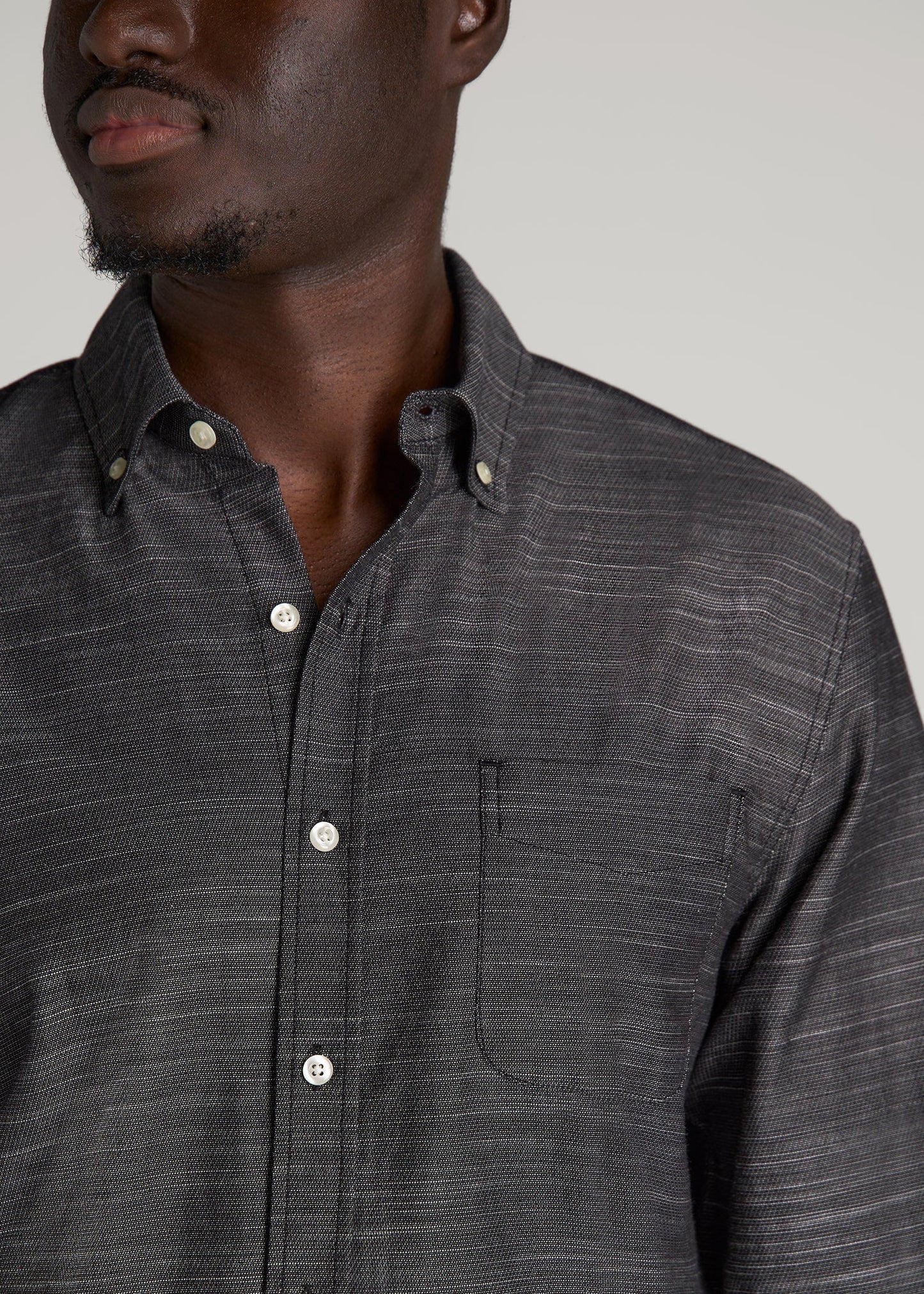 American Tall Men Textured Weave Cotton Button-Up Shirt for Tall Men in Black