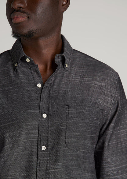 American Tall Men Textured Weave Cotton Button-Up Shirt for Tall Men in Black
