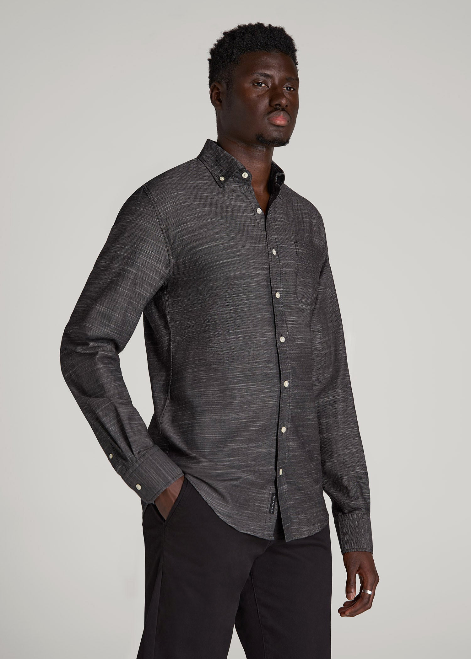 American Tall Men Textured Weave Cotton Button-Up Shirt for Tall Men in Black