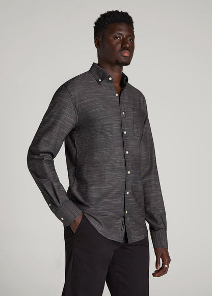 American Tall Men Textured Weave Cotton Button-Up Shirt for Tall Men in Black