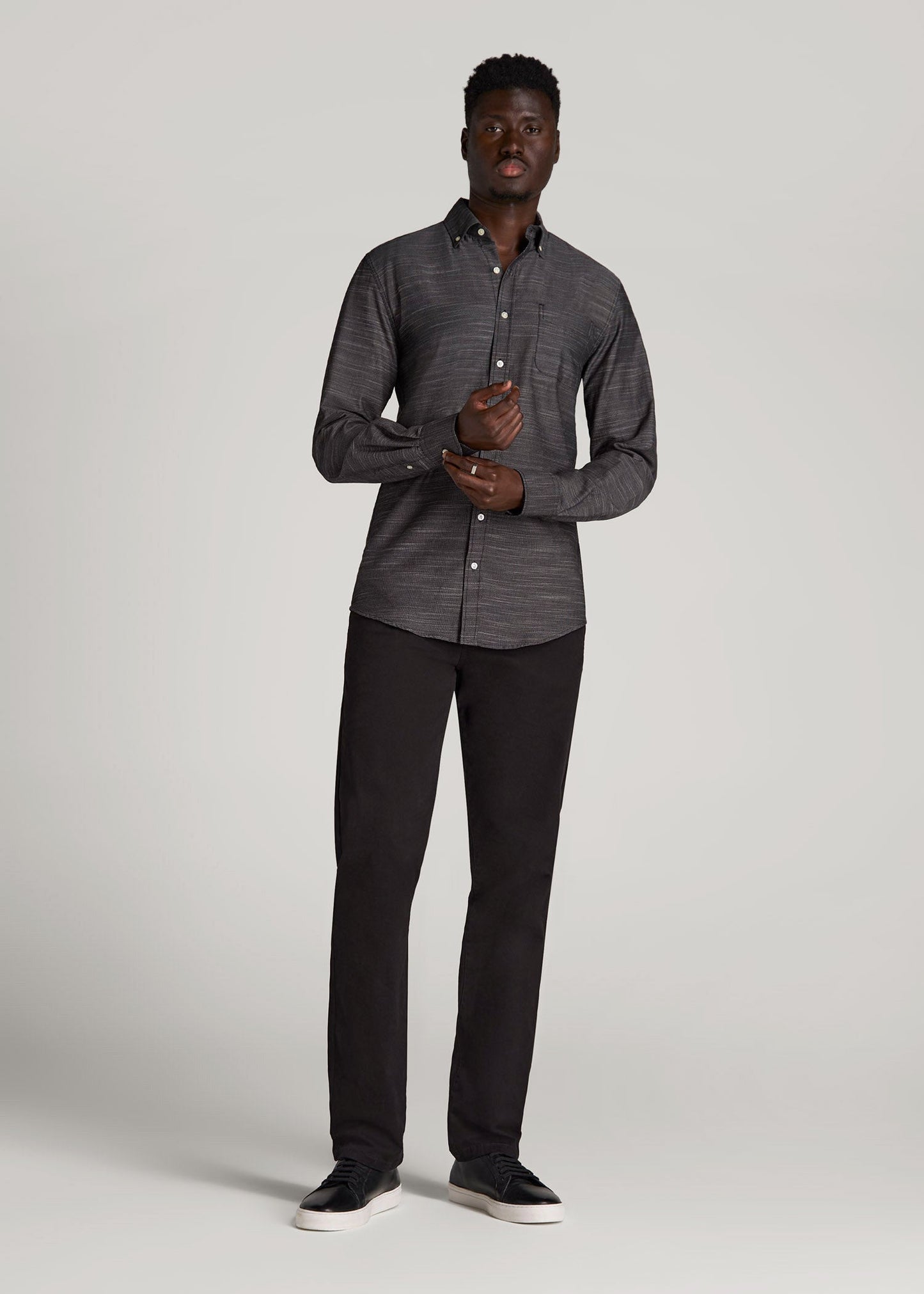 American Tall Men Textured Weave Cotton Button-Up Shirt for Tall Men in Black