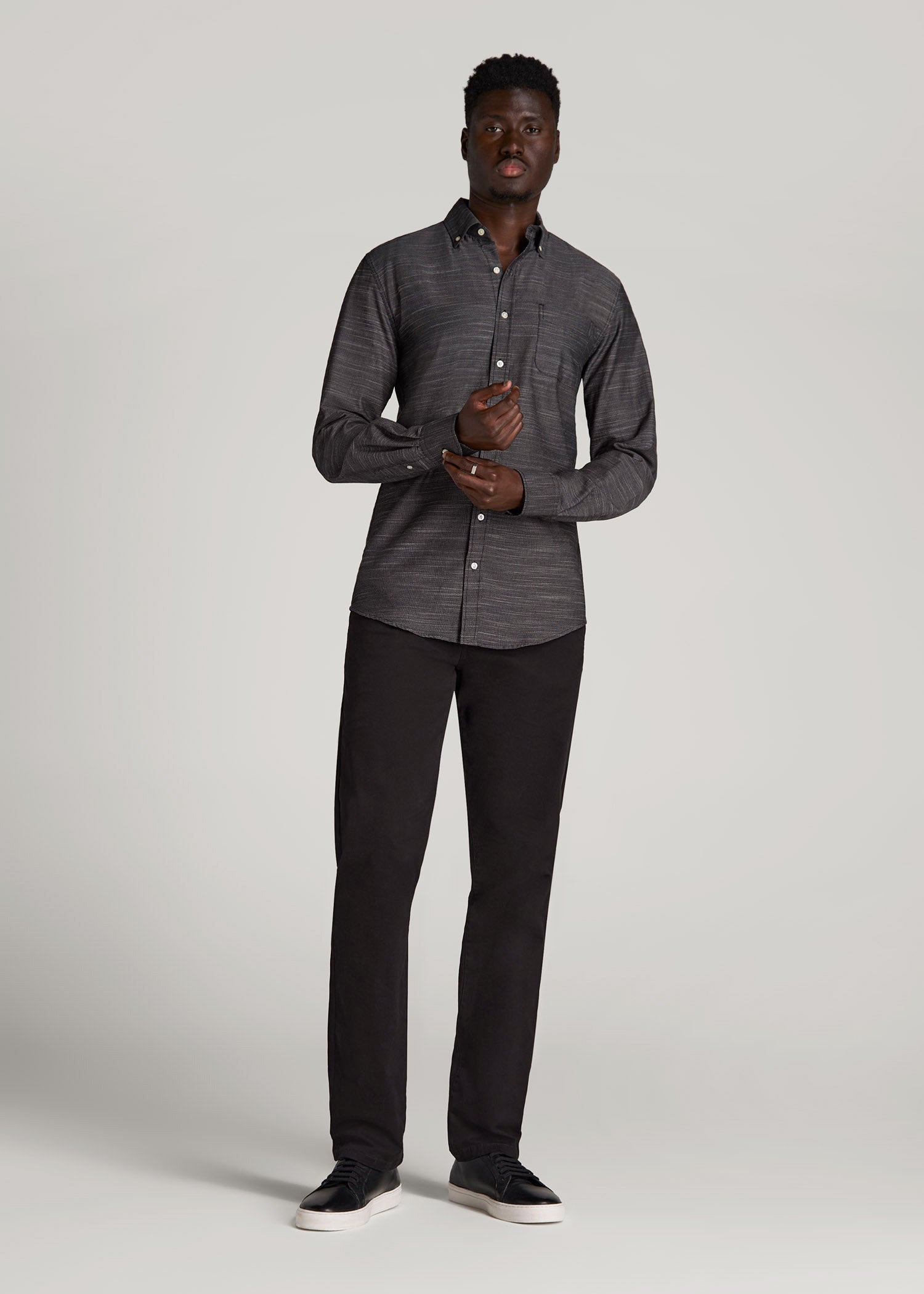 American Tall Men Textured Weave Cotton Button-Up Shirt for Tall Men in Black