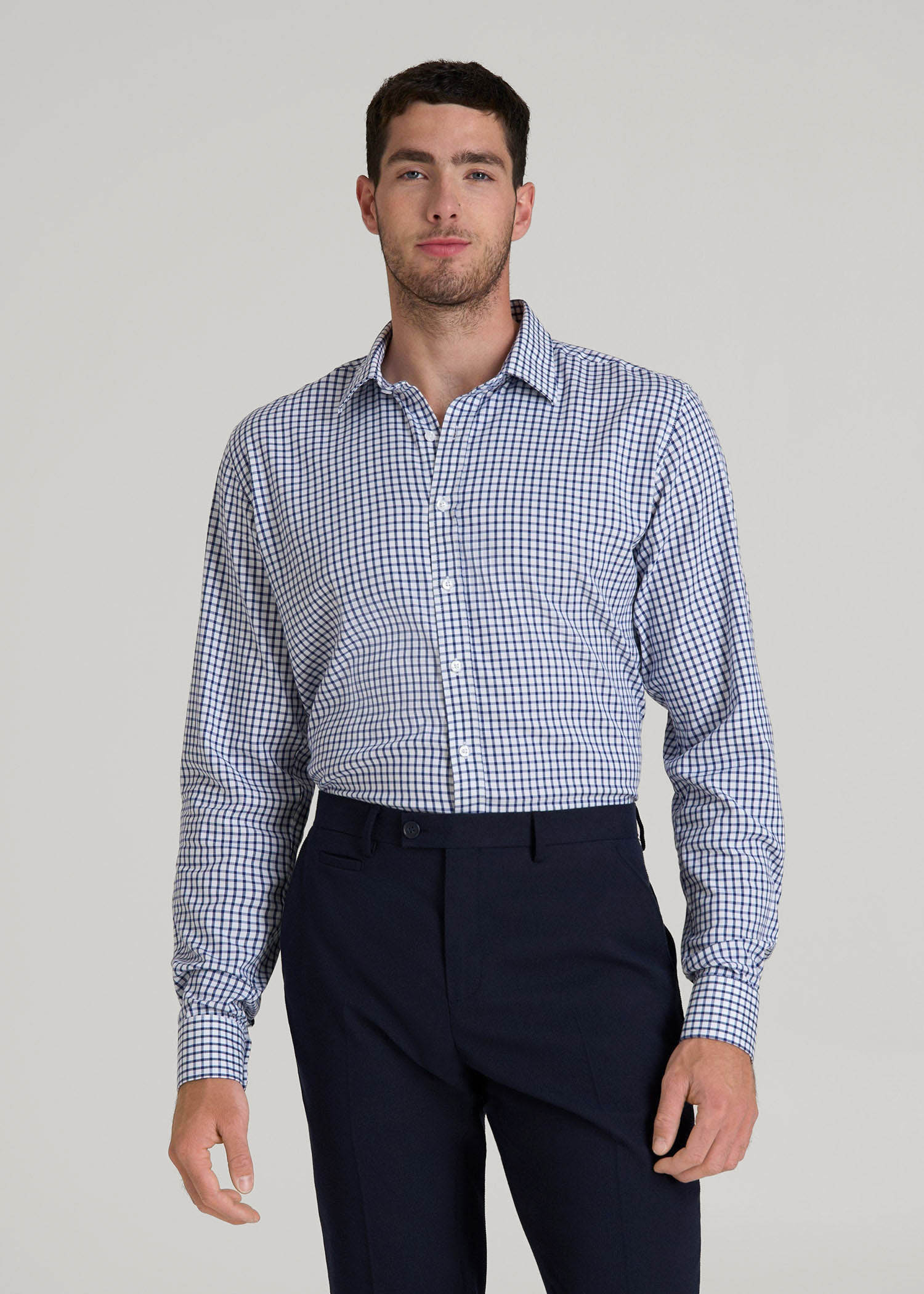 American Tall Men Oskar Easy Care Dress Shirt for Tall Men in Bright Blue Grid