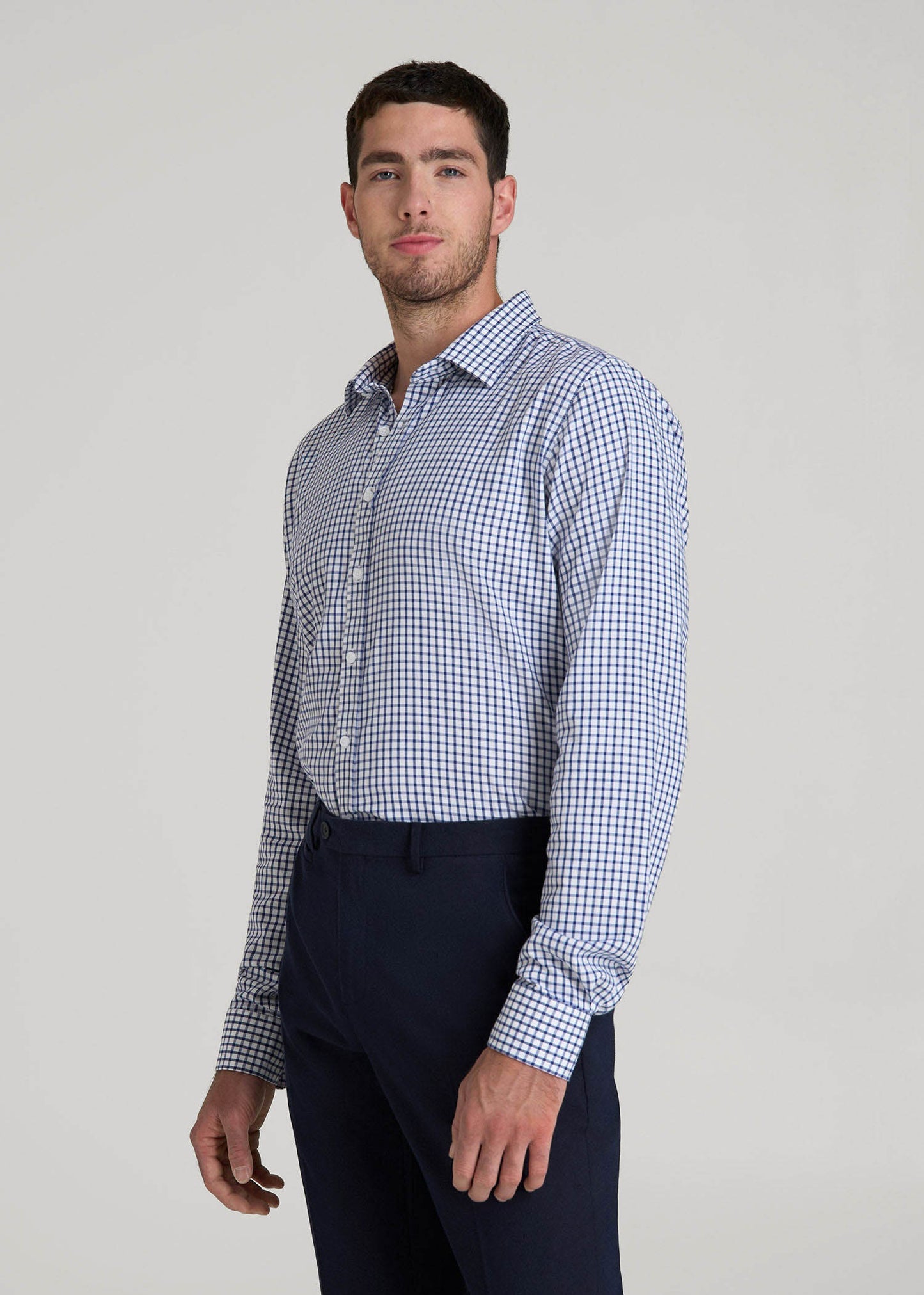American Tall Men Oskar Easy Care Dress Shirt for Tall Men in Bright Blue Grid