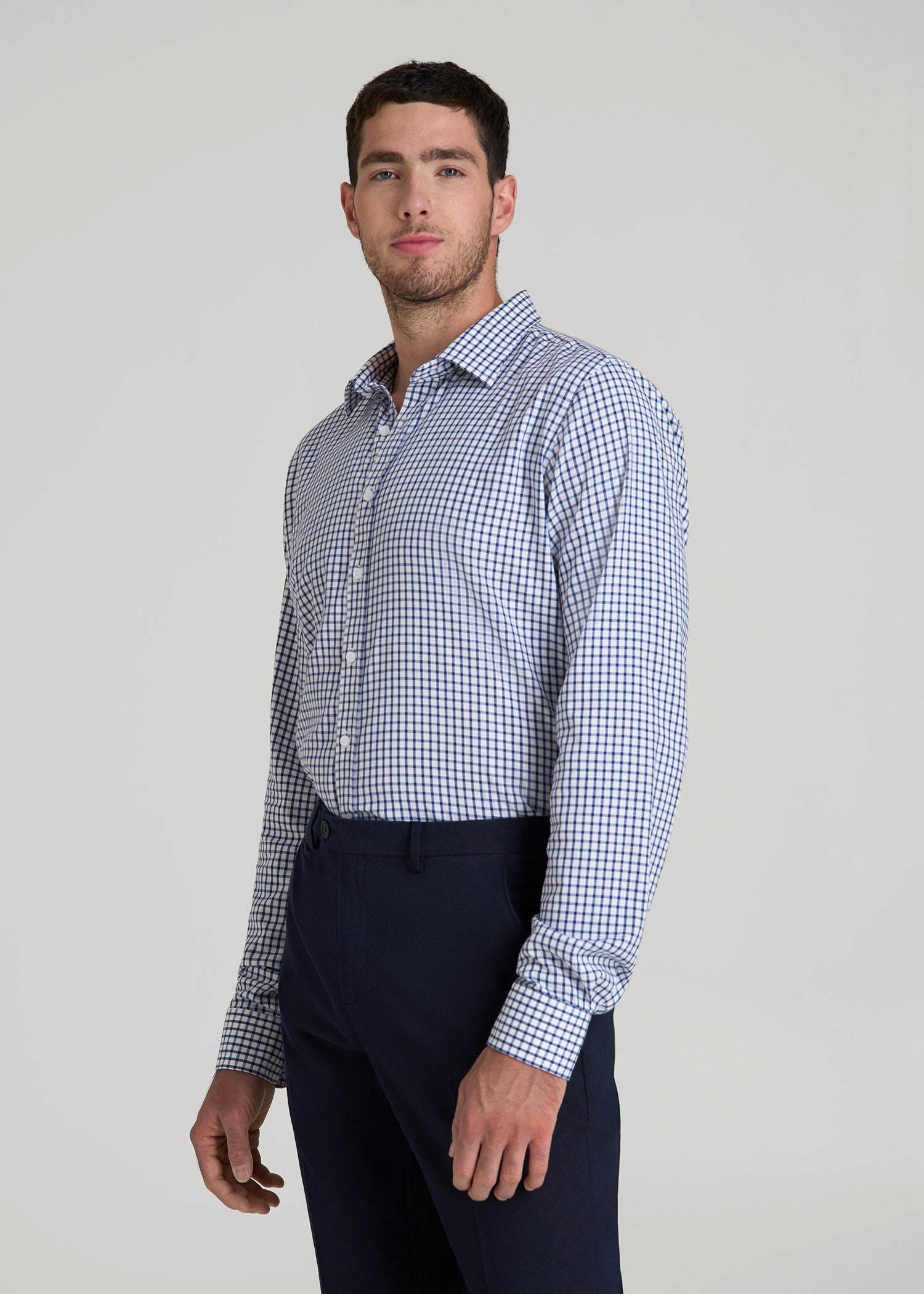 American Tall Men Oskar Easy Care Dress Shirt for Tall Men in Bright Blue Grid