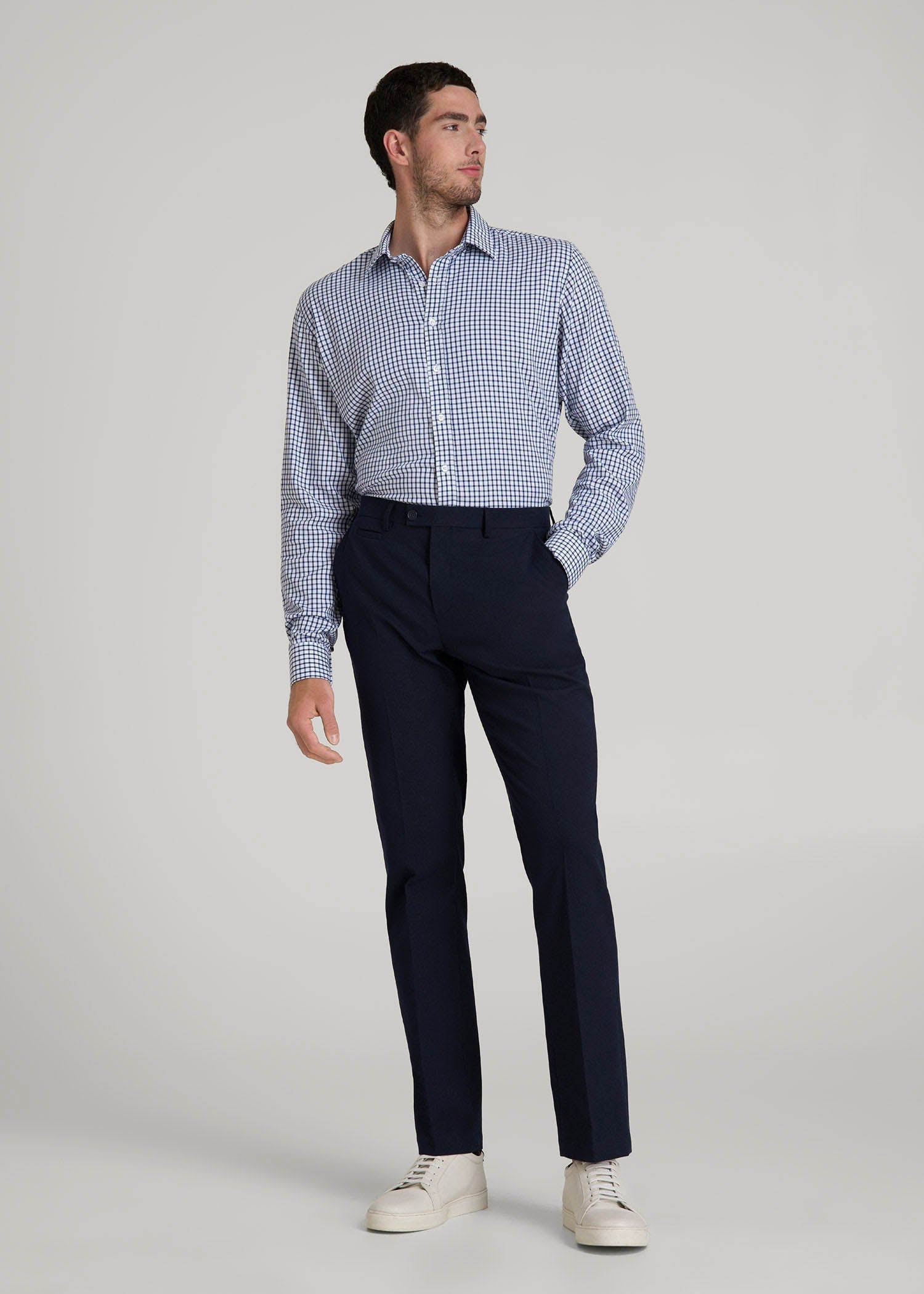 American Tall Men Oskar Easy Care Dress Shirt for Tall Men in Bright Blue Grid