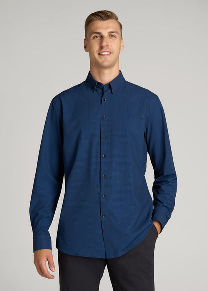 American Tall Men Traveler Stretch Dress Shirt in Black and Blue Micro Check