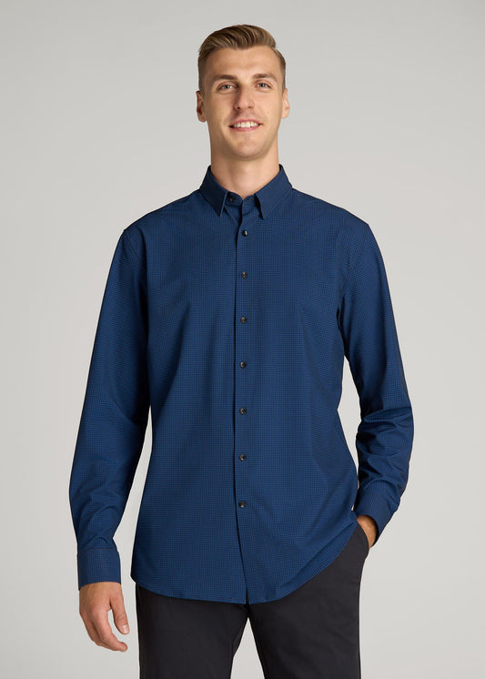 American Tall Men Traveler Stretch Dress Shirt in Black and Blue Micro Check