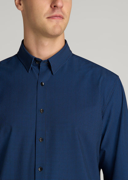 American Tall Men Traveler Stretch Dress Shirt in Black and Blue Micro Check