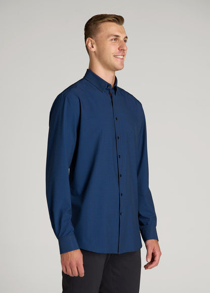 American Tall Men Traveler Stretch Dress Shirt in Black and Blue Micro Check