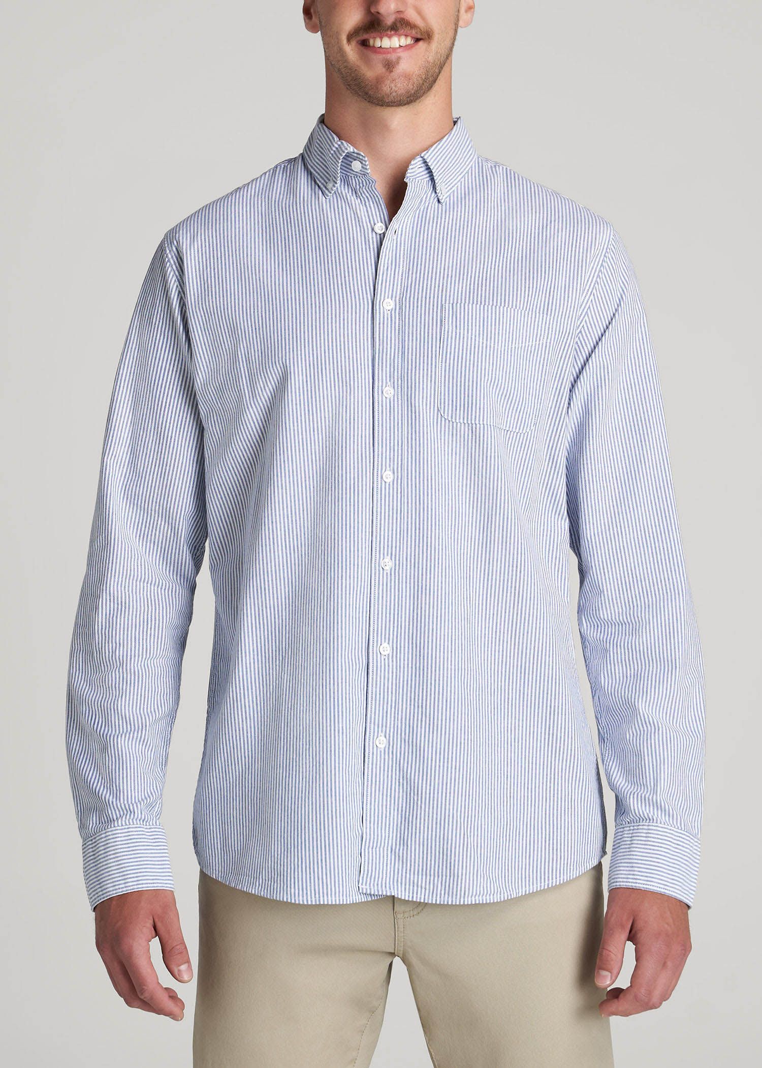American Tall Men Washed Oxford Shirt for Tall Men in Blue Banker Stripe