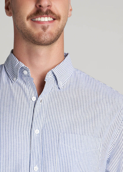 American Tall Men Washed Oxford Shirt for Tall Men in Blue Banker Stripe