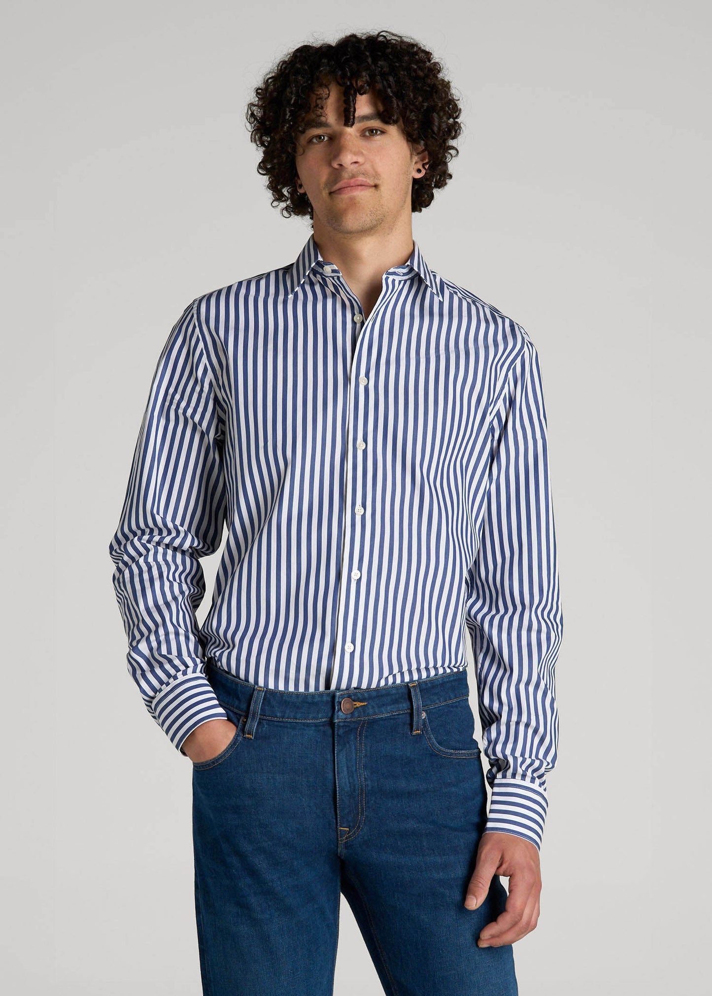 American Tall Men Premium Dress Shirt for Tall Men in Bold Blue Stripe