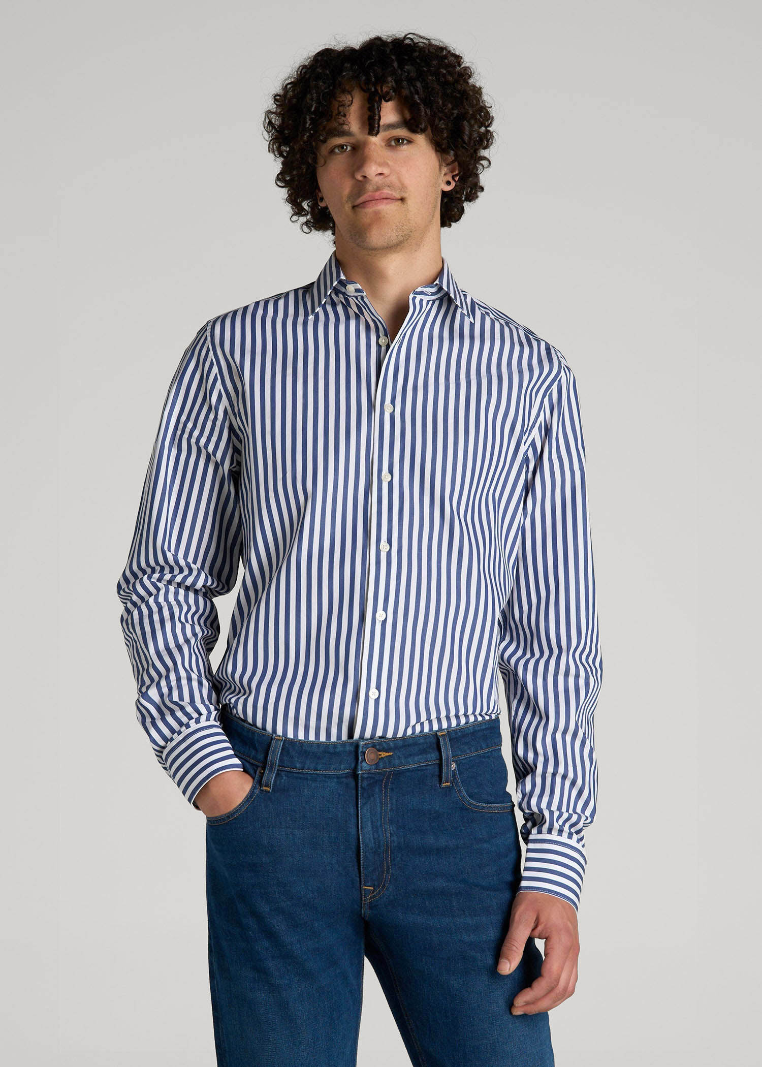 American Tall Men Premium Dress Shirt for Tall Men in Bold Blue Stripe