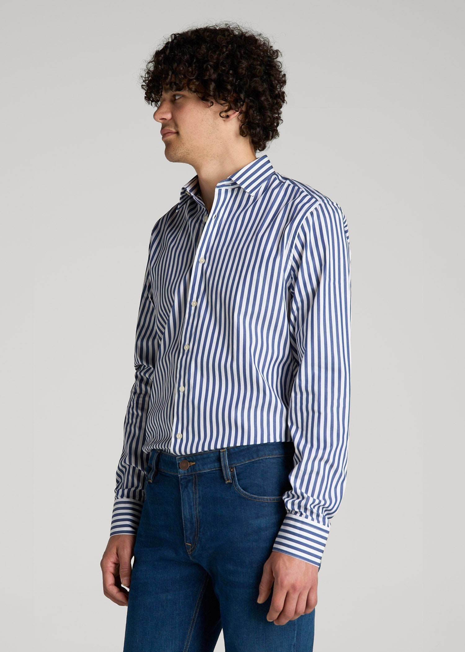 American Tall Men Premium Dress Shirt for Tall Men in Bold Blue Stripe