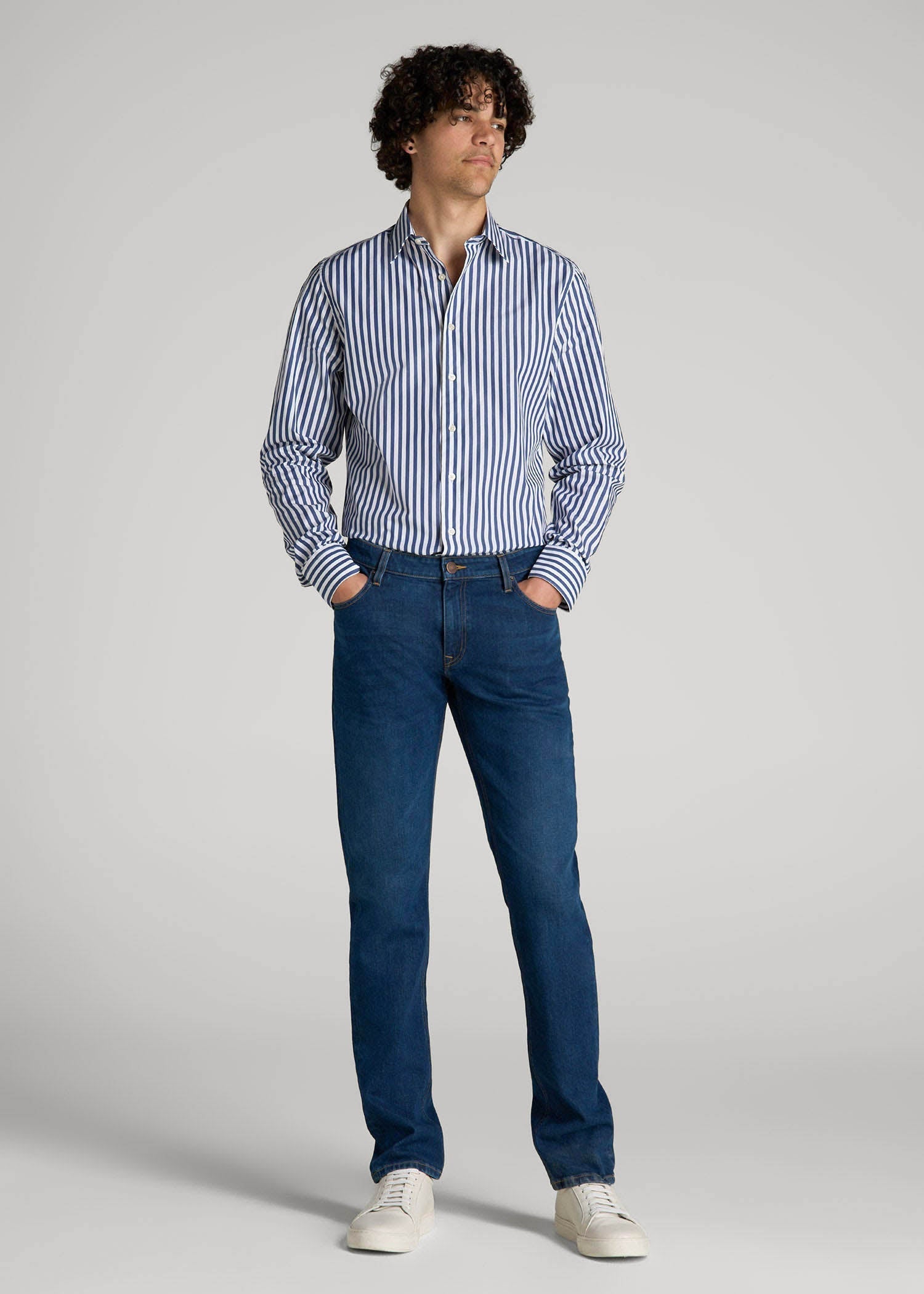 American Tall Men Premium Dress Shirt for Tall Men in Bold Blue Stripe
