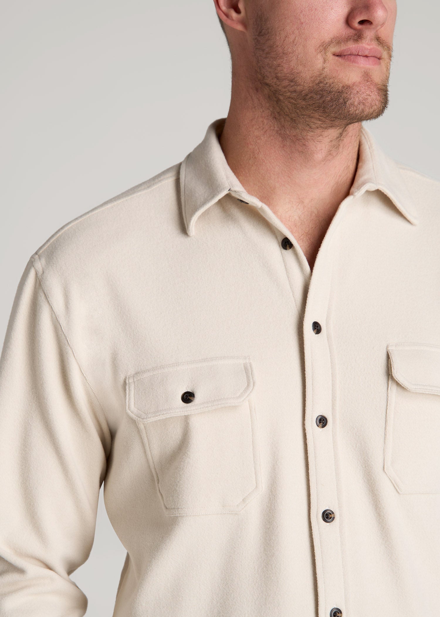 American Tall Men Stretch Flannel Button Shirt for Tall Men in Soft Beige