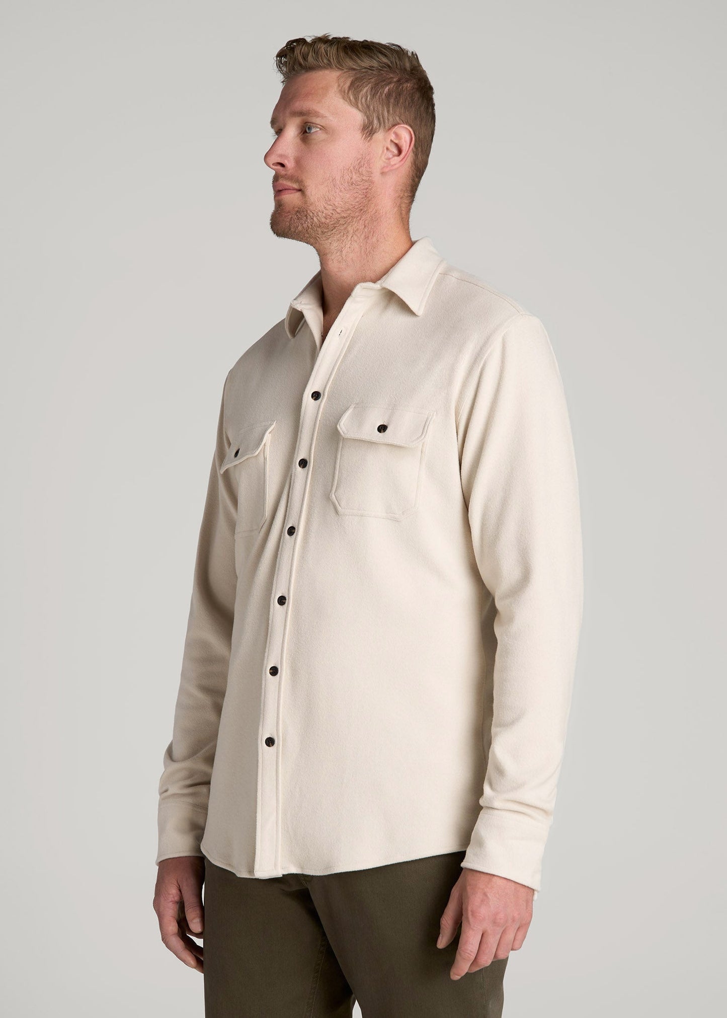 American Tall Men Stretch Flannel Button Shirt for Tall Men in Soft Beige