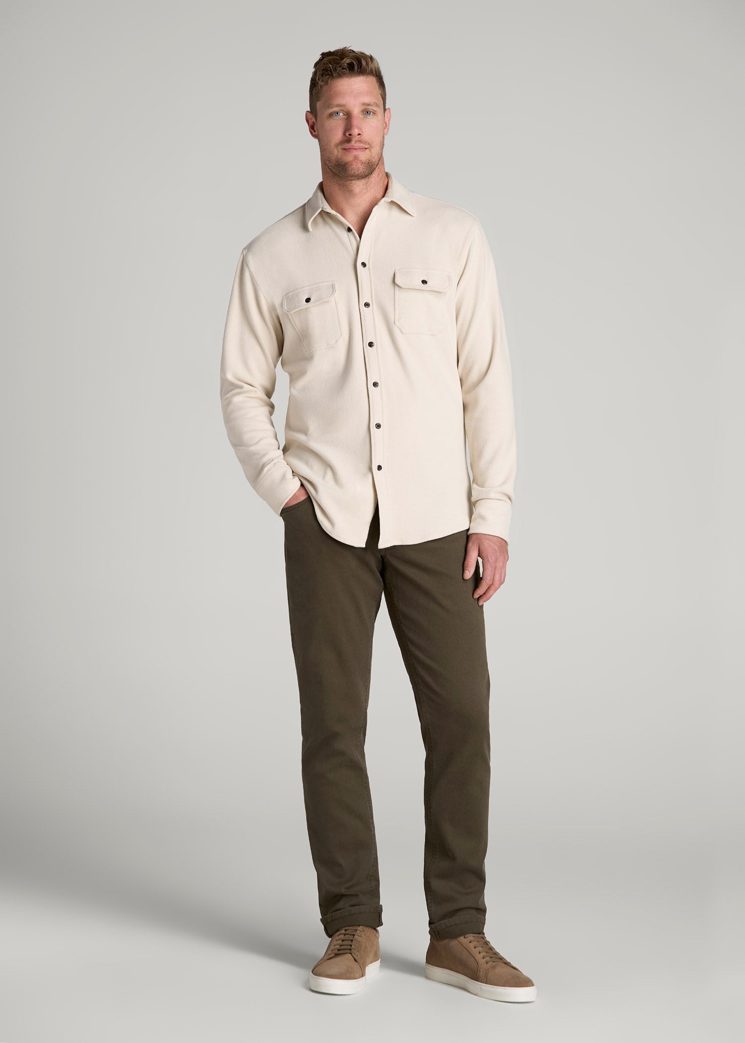 American Tall Men Stretch Flannel Button Shirt for Tall Men in Soft Beige