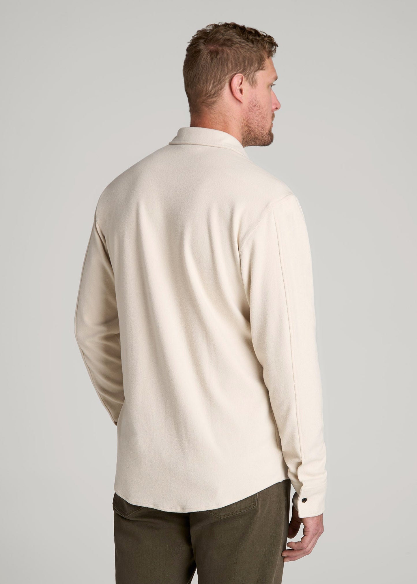 American Tall Men Stretch Flannel Button Shirt for Tall Men in Soft Beige