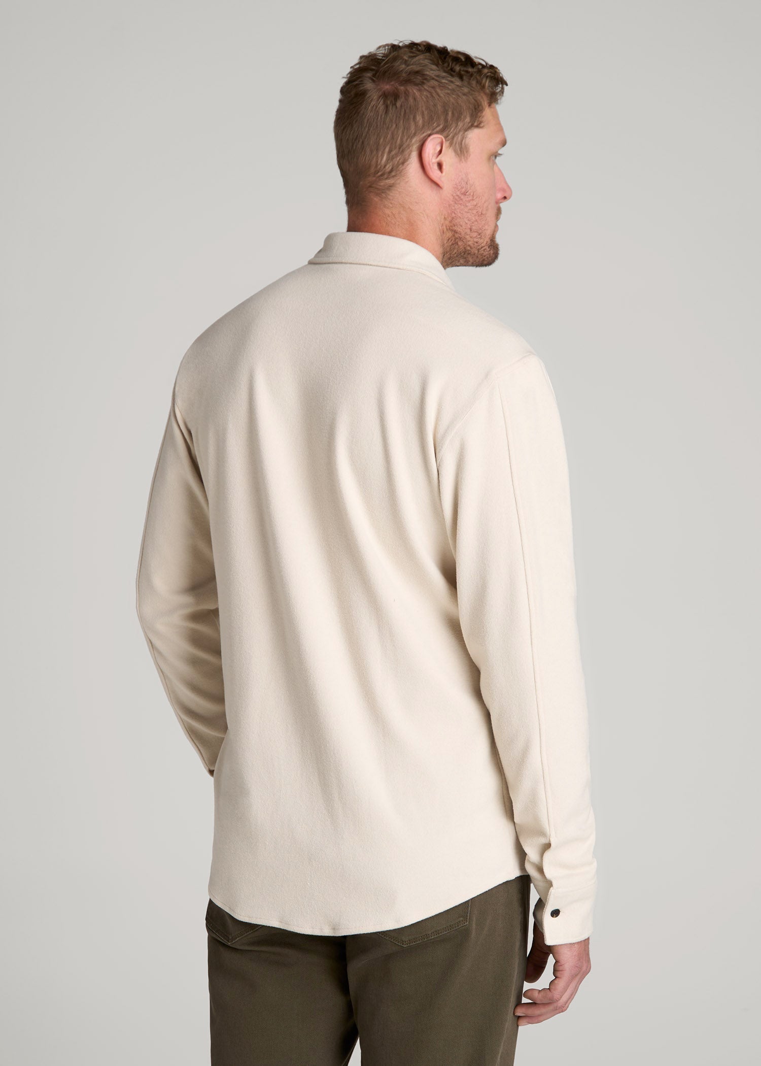 American Tall Men Stretch Flannel Button Shirt for Tall Men in Soft Beige