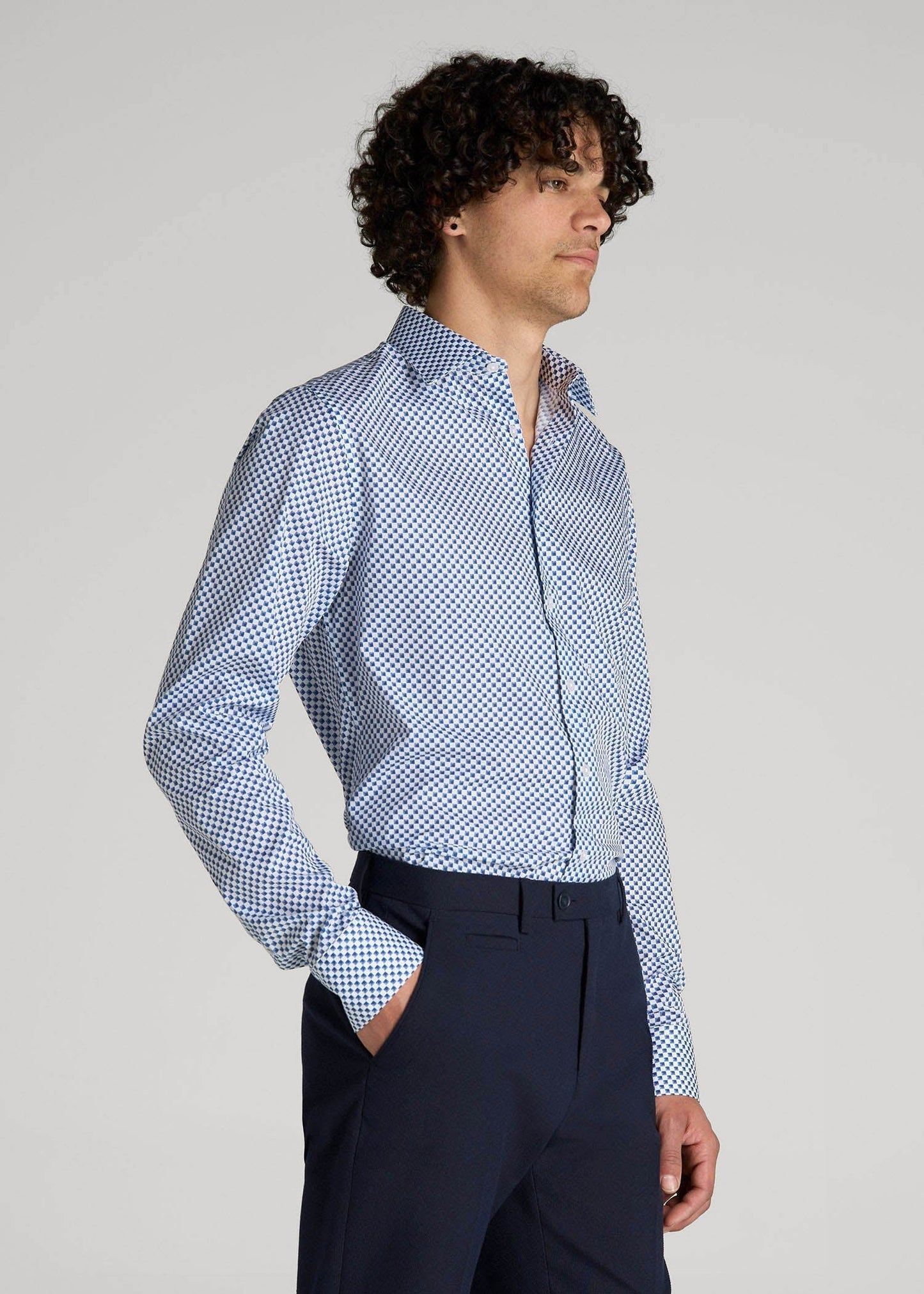 American Tall Men Premium Dress Shirt for Tall Men in Blues Check