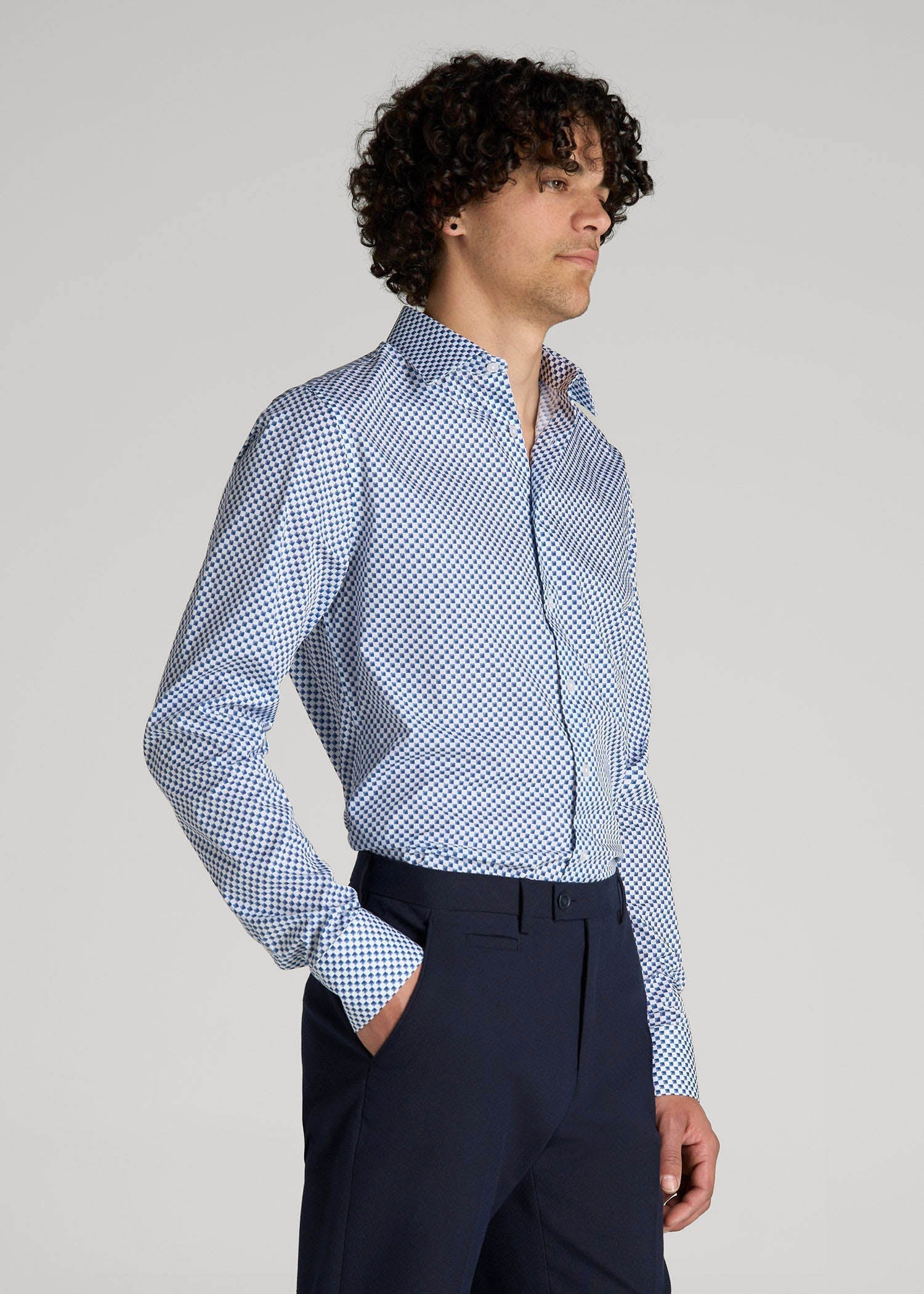 American Tall Men Premium Dress Shirt for Tall Men in Blues Check