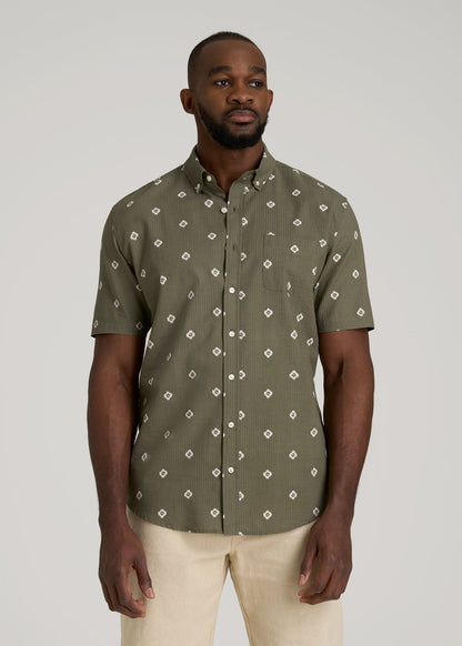 American Tall Men Seersucker Short Sleeve Shirt for Tall Men in Olive and Beige Floral