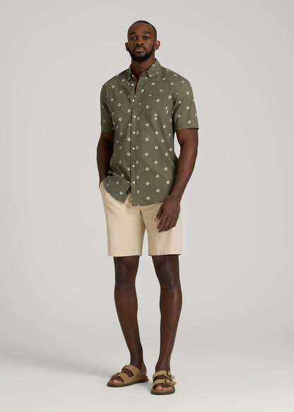 American Tall Men Seersucker Short Sleeve Shirt for Tall Men in Olive and Beige Floral