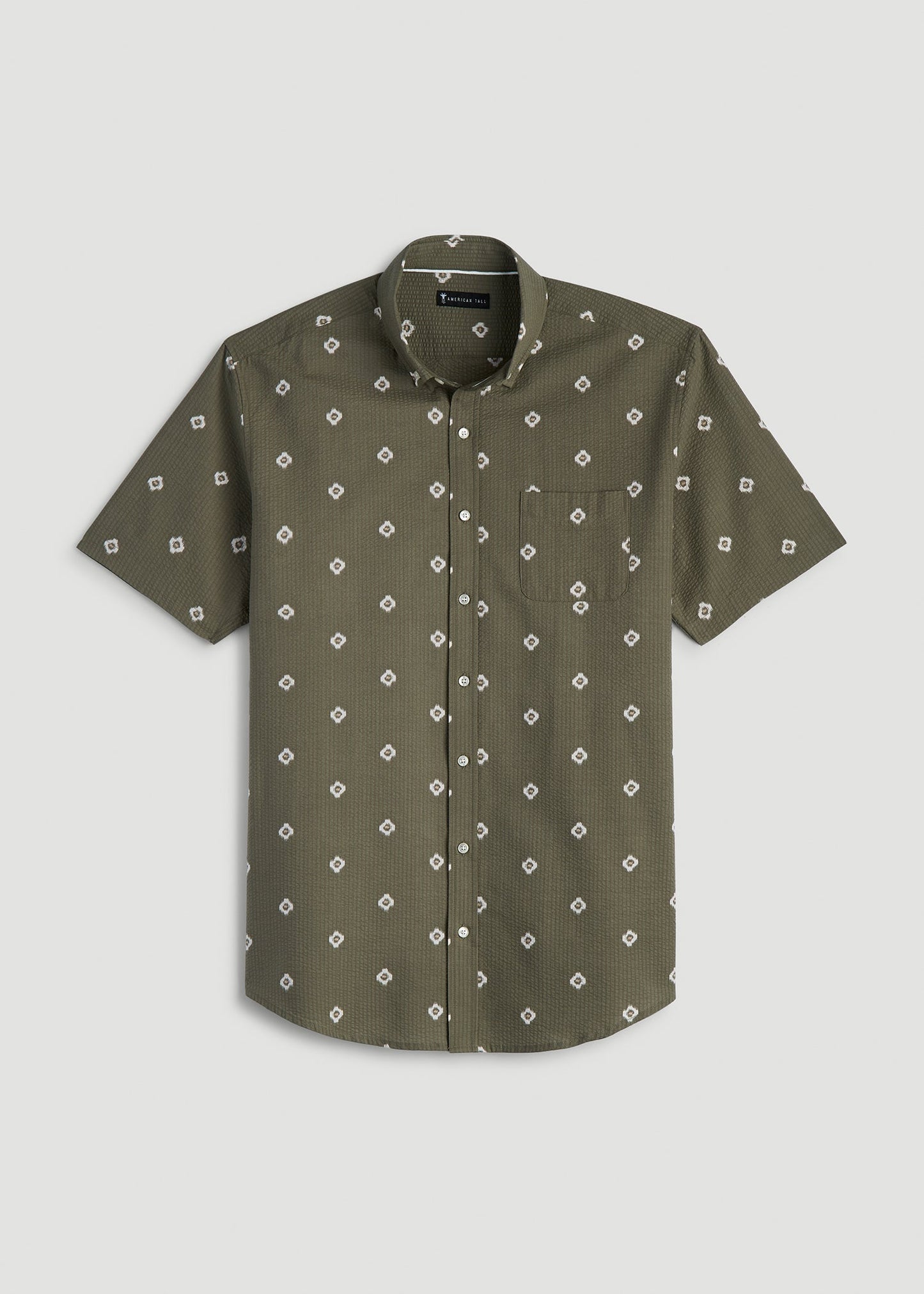 American Tall Men Seersucker Short Sleeve Shirt for Tall Men in Olive and Beige Floral