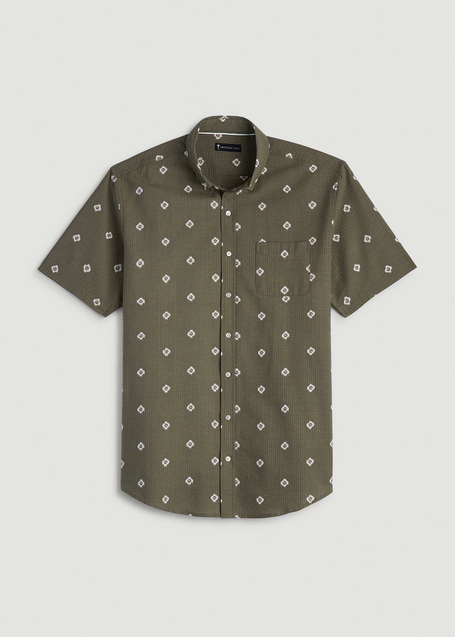 American Tall Men Seersucker Short Sleeve Shirt for Tall Men in Olive and Beige Floral