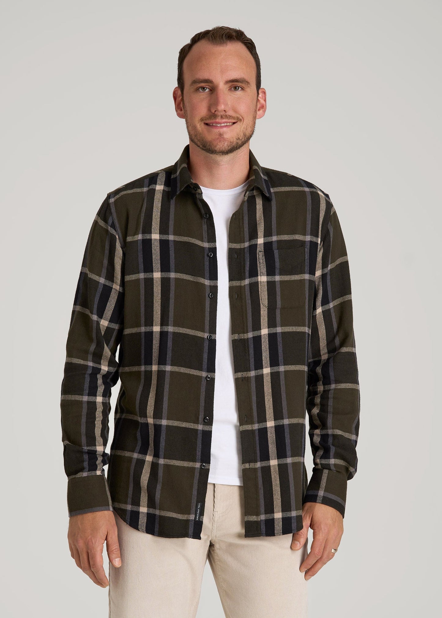 American Tall Men Nelson Flannel Shirt for Tall Men in Olive Plaid