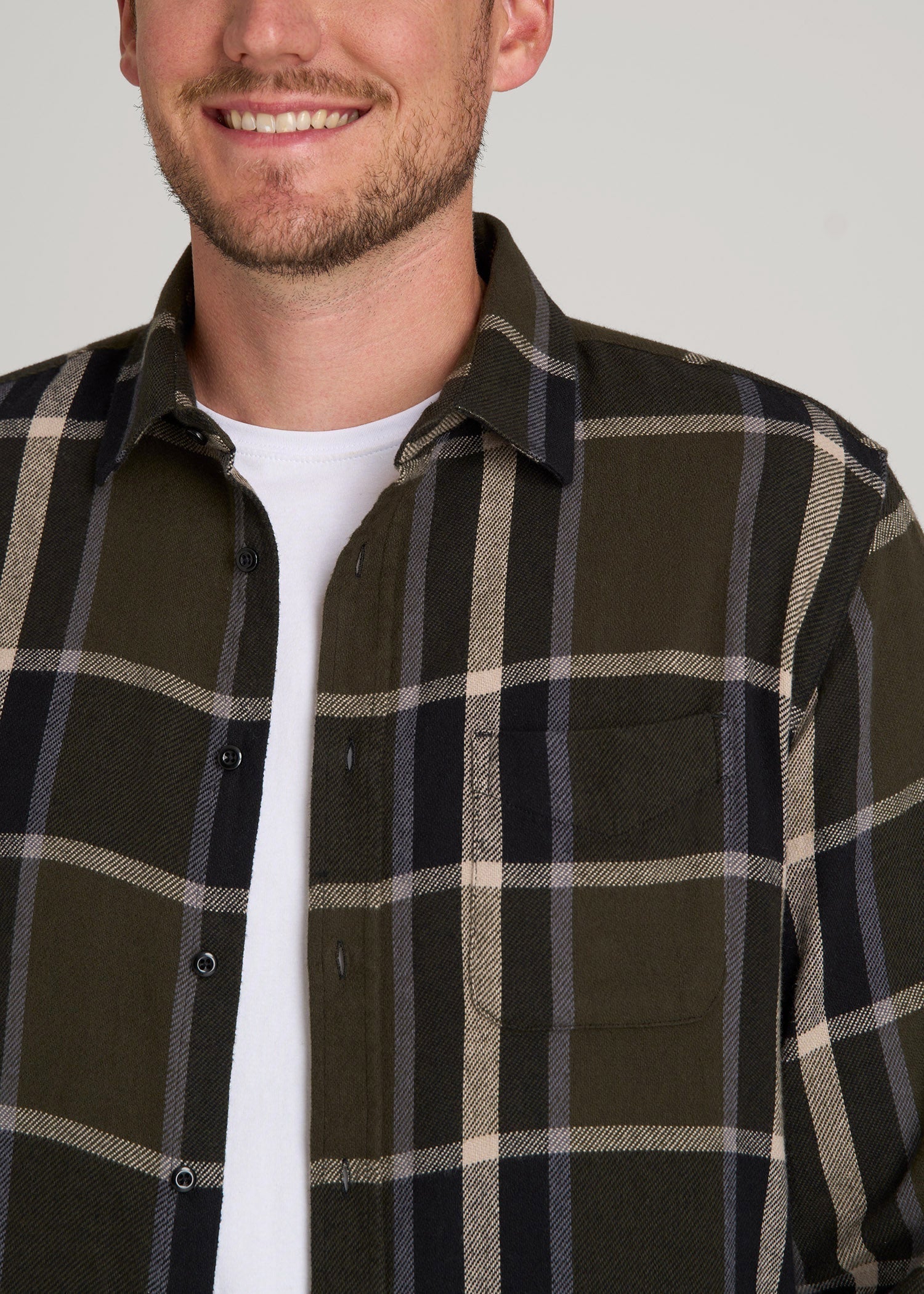 American Tall Men Nelson Flannel Shirt for Tall Men in Olive Plaid