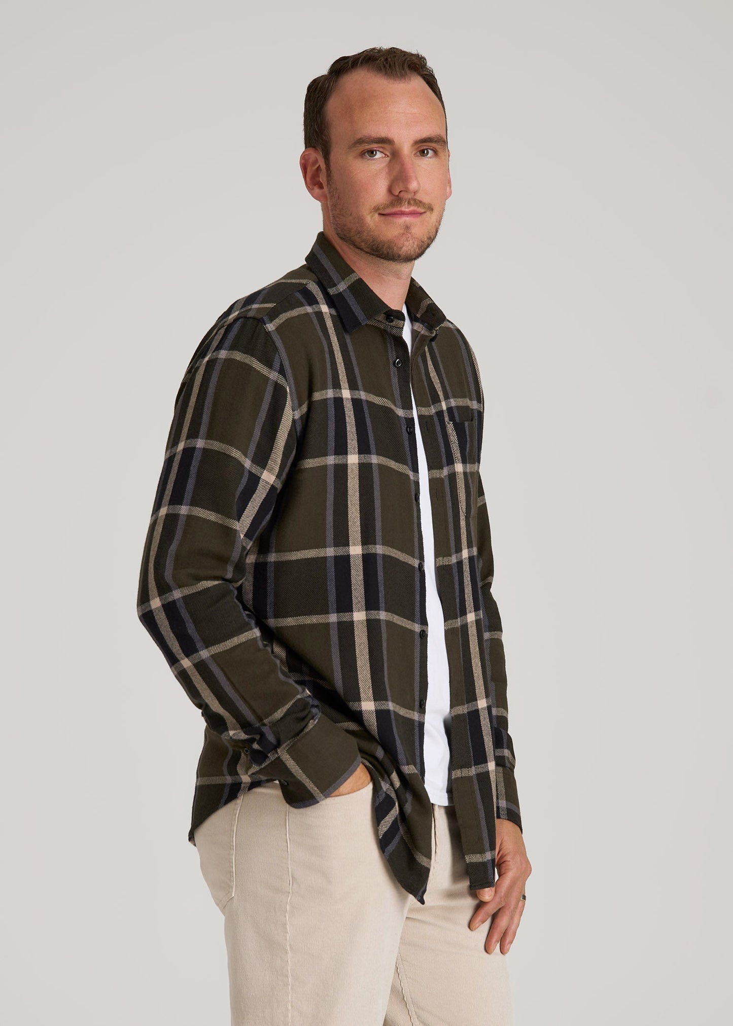 American Tall Men Nelson Flannel Shirt for Tall Men in Olive Plaid