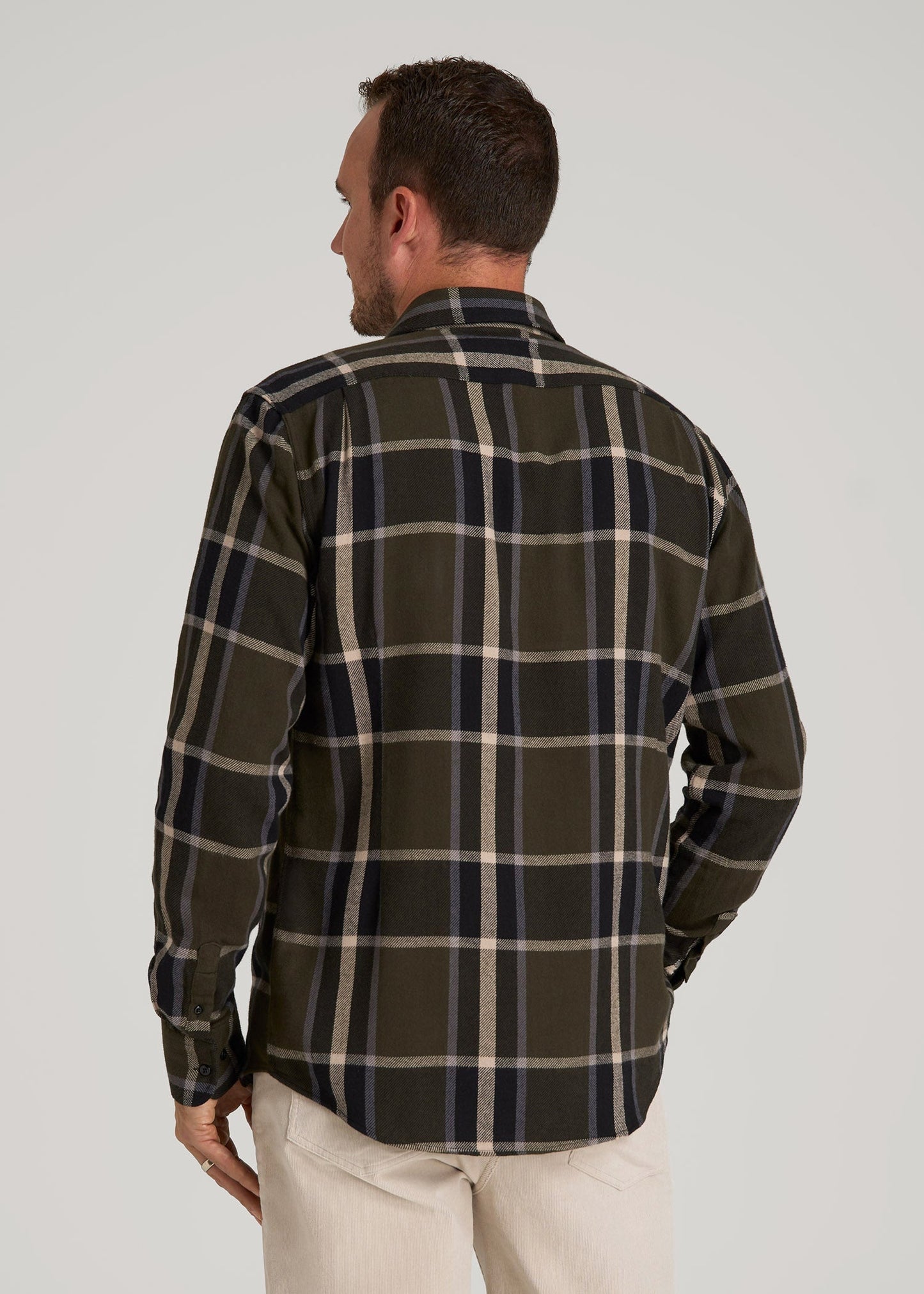 American Tall Men Nelson Flannel Shirt for Tall Men in Olive Plaid
