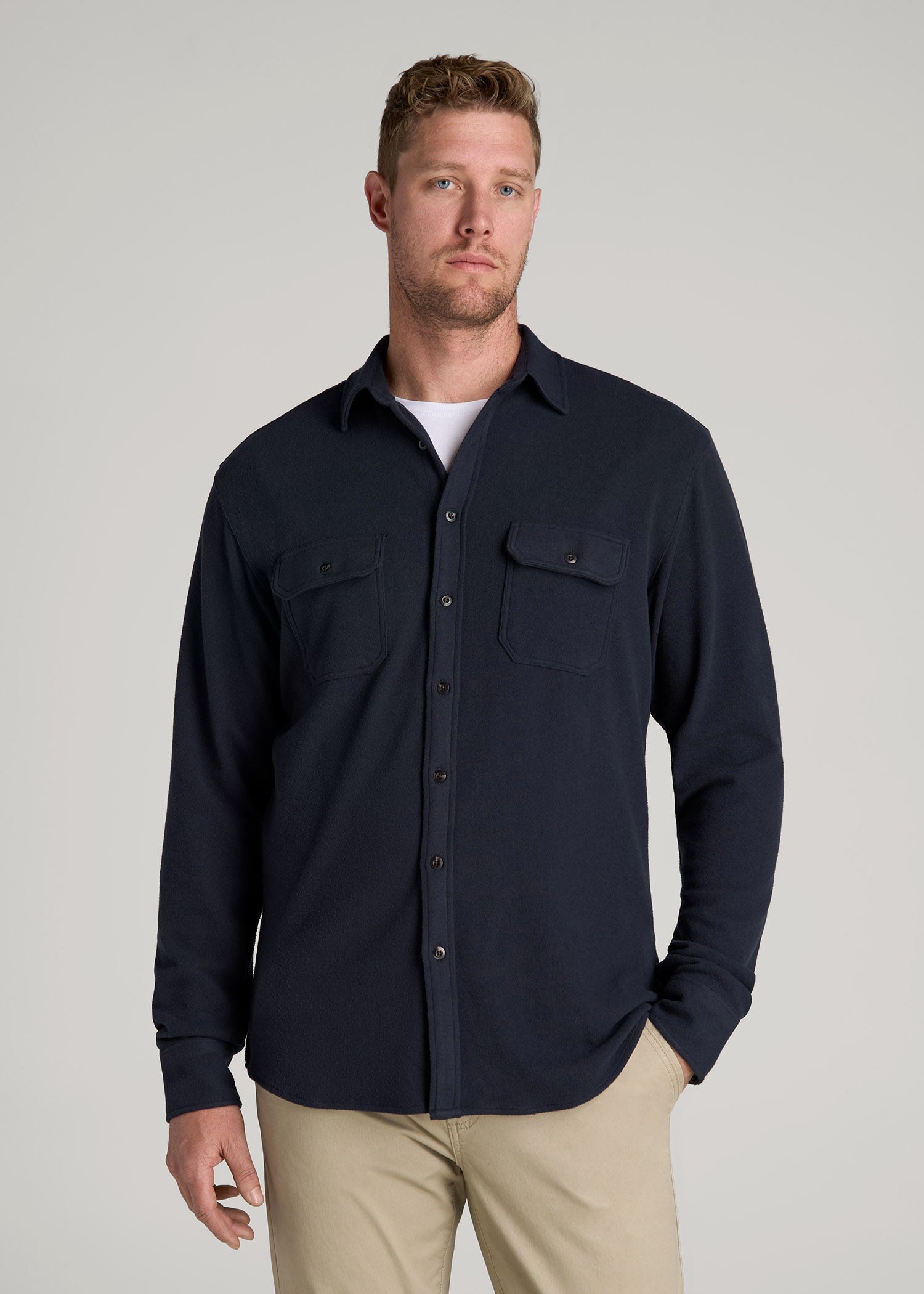 American Tall Men Stretch Flannel Button Shirt for Tall Men in True Navy