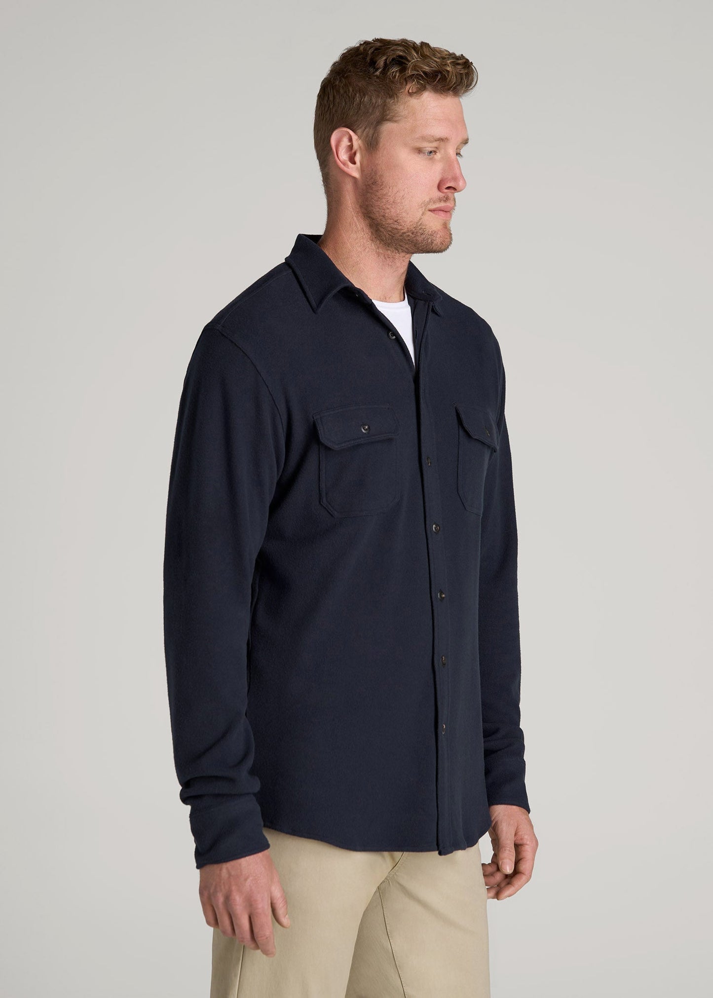 American Tall Men Stretch Flannel Button Shirt for Tall Men in True Navy