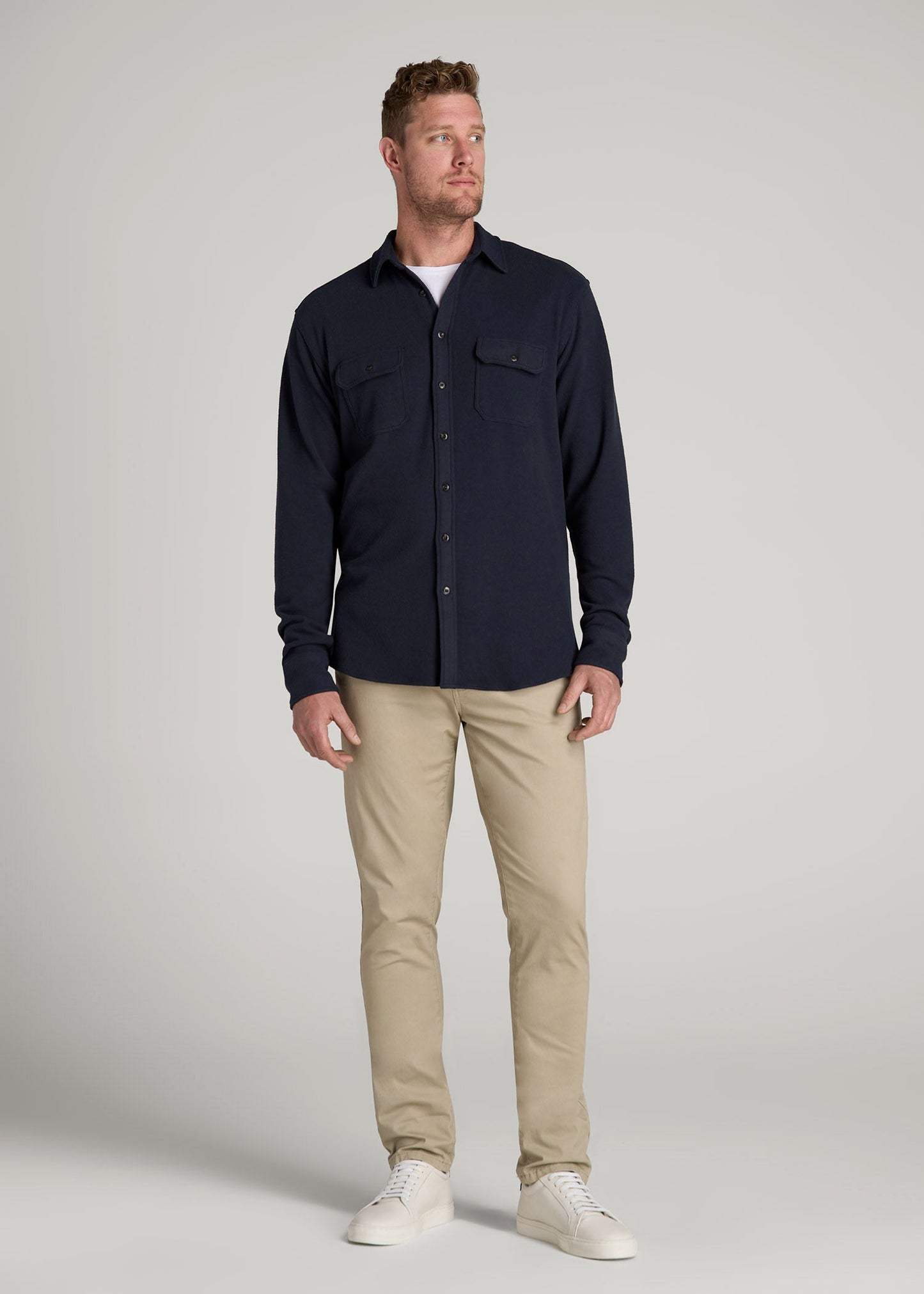 American Tall Men Stretch Flannel Button Shirt for Tall Men in True Navy