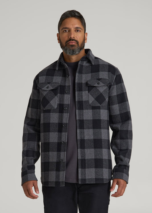 American Tall Men LJ&S Wool Blend Shirt Jacket for Tall Men in Black and Grey Check